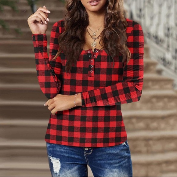 M Red/Black Blouse Silver Thread around Hems Round Neck Long Sleeves - Picture 3 of 12